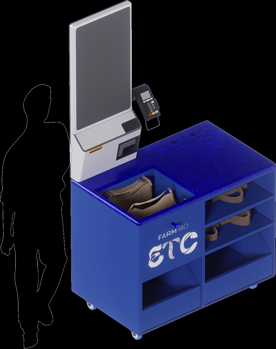 Módulo de self-checkout azul cobalto com totem de tela e nichos inferiores