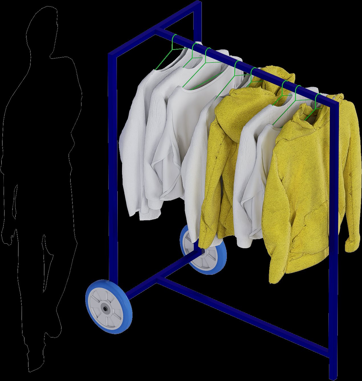 Arara móvel em estrutura metálica azul com rodas e peças de roupa