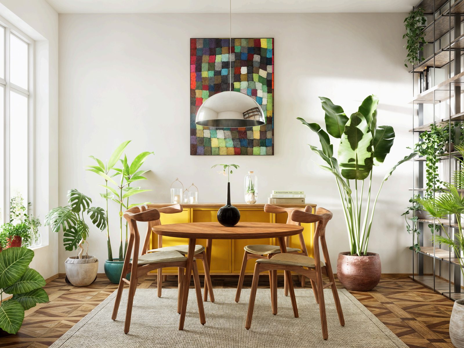 Sala de jantar com mesa redonda, buffet amarelo e plantas